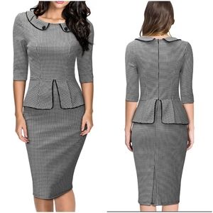 Retro Houndstooth Peplum Dress - Size L